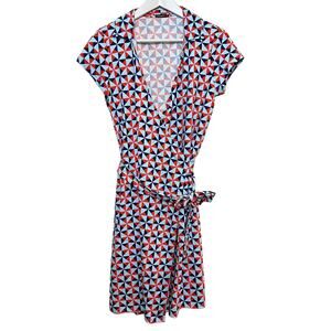 J. McLaughlin Lila Collared Wrap Dress Cap Sleeve Geometric Blue Red Medium